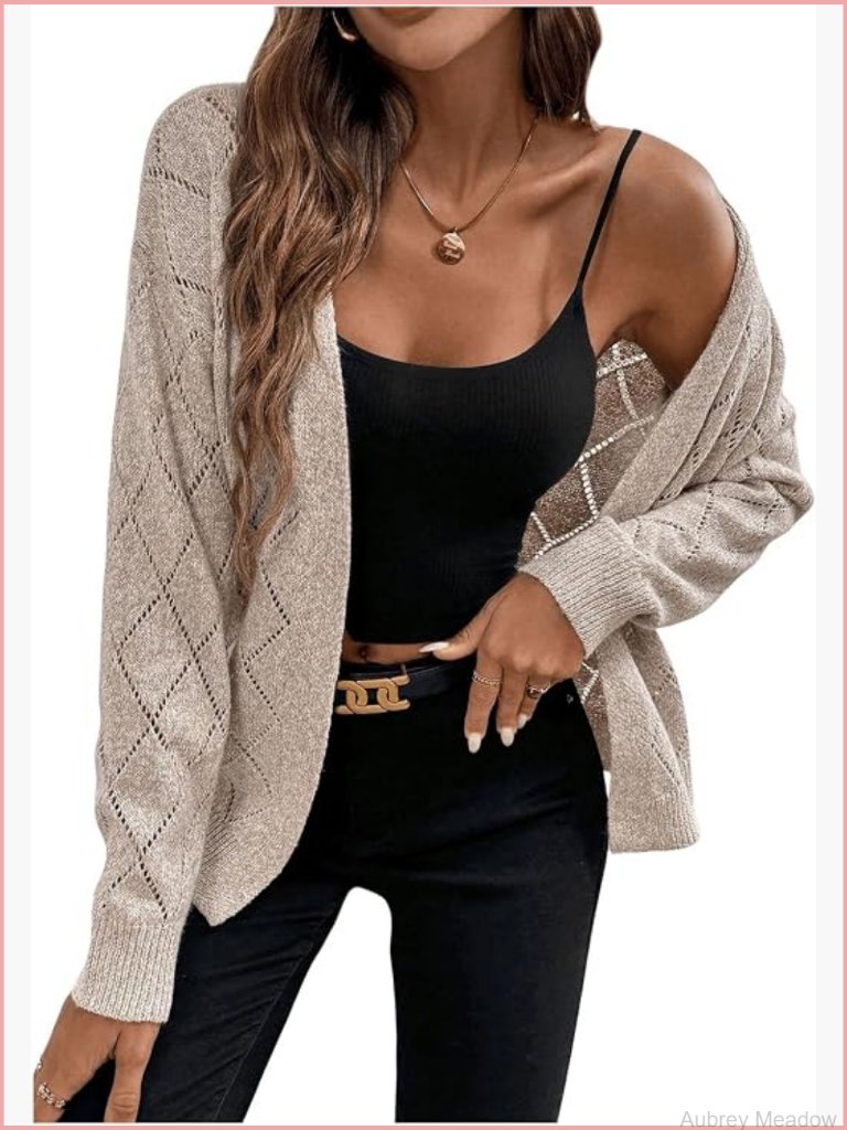 Hollow Out Drop Shoulder Open Front Long Sleeve Knit Cardigan